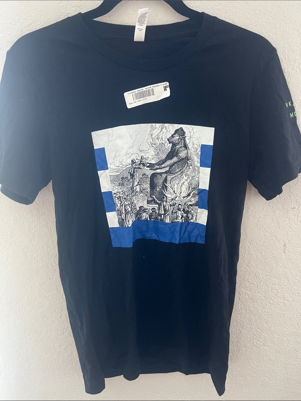 Black Short-Sleeve Moloch Graphic Tee with Epstein Blue temple Panel Detail